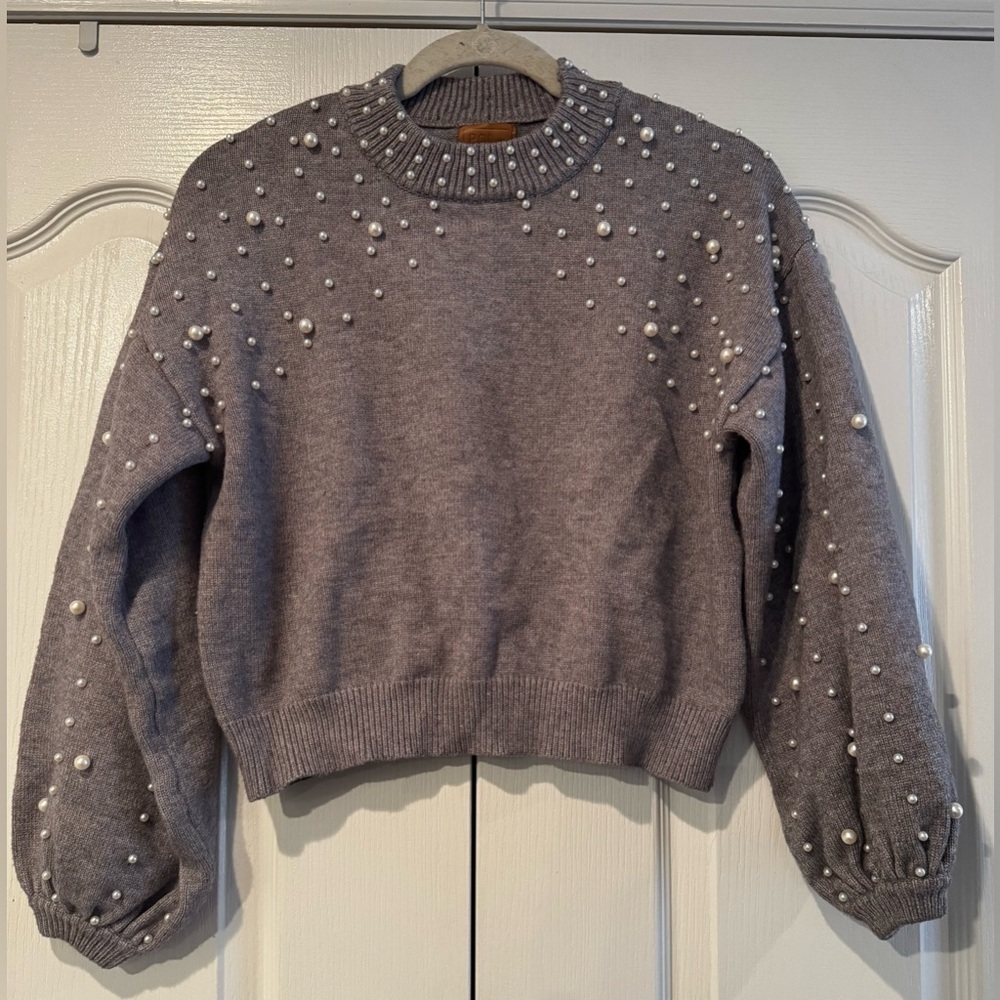 POL Gray Crew Neck Sweater with Pearl Accents - Size S